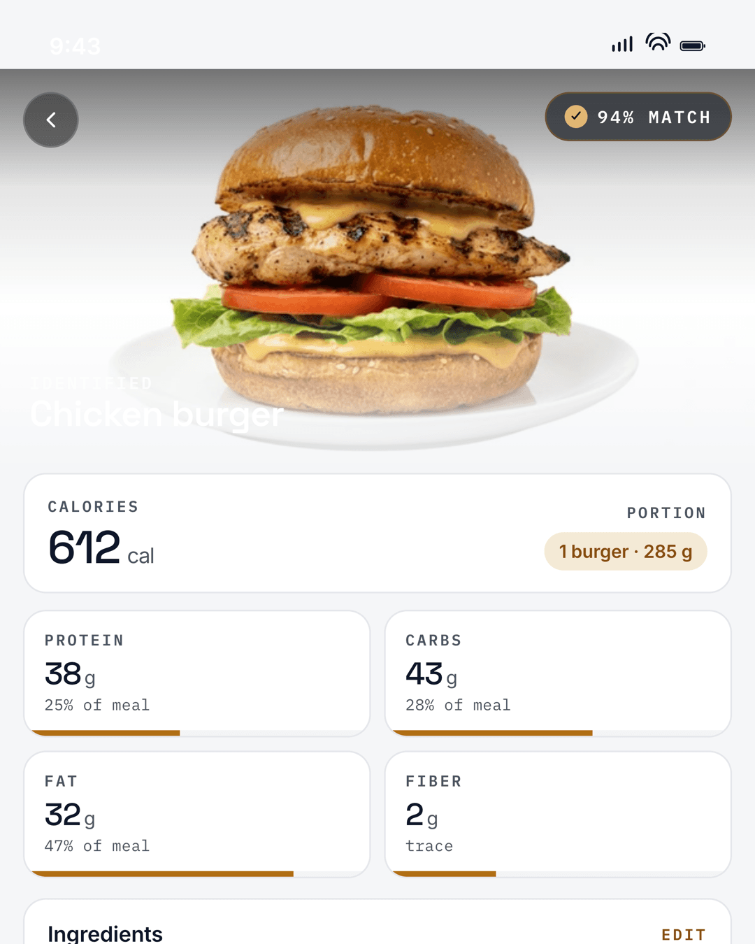 AI Estimate sheet — chicken burger detected at 612 kcal with protein, carbs, and fat breakdown