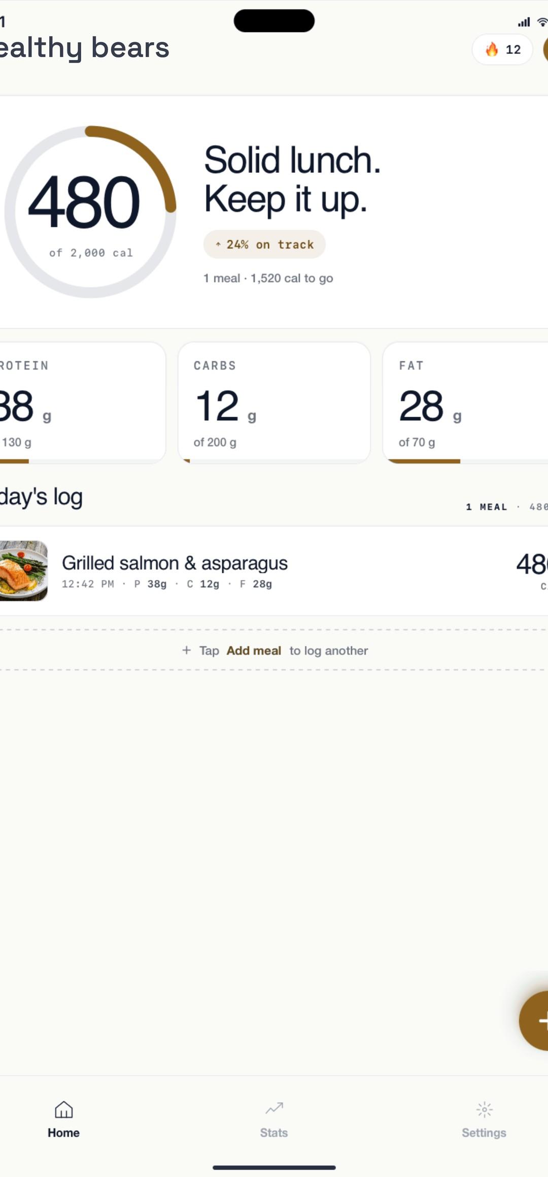 Healthy Bears Home screen — calorie ring at 2,836 of 2,716 kcal with macro pills and the day's meal log